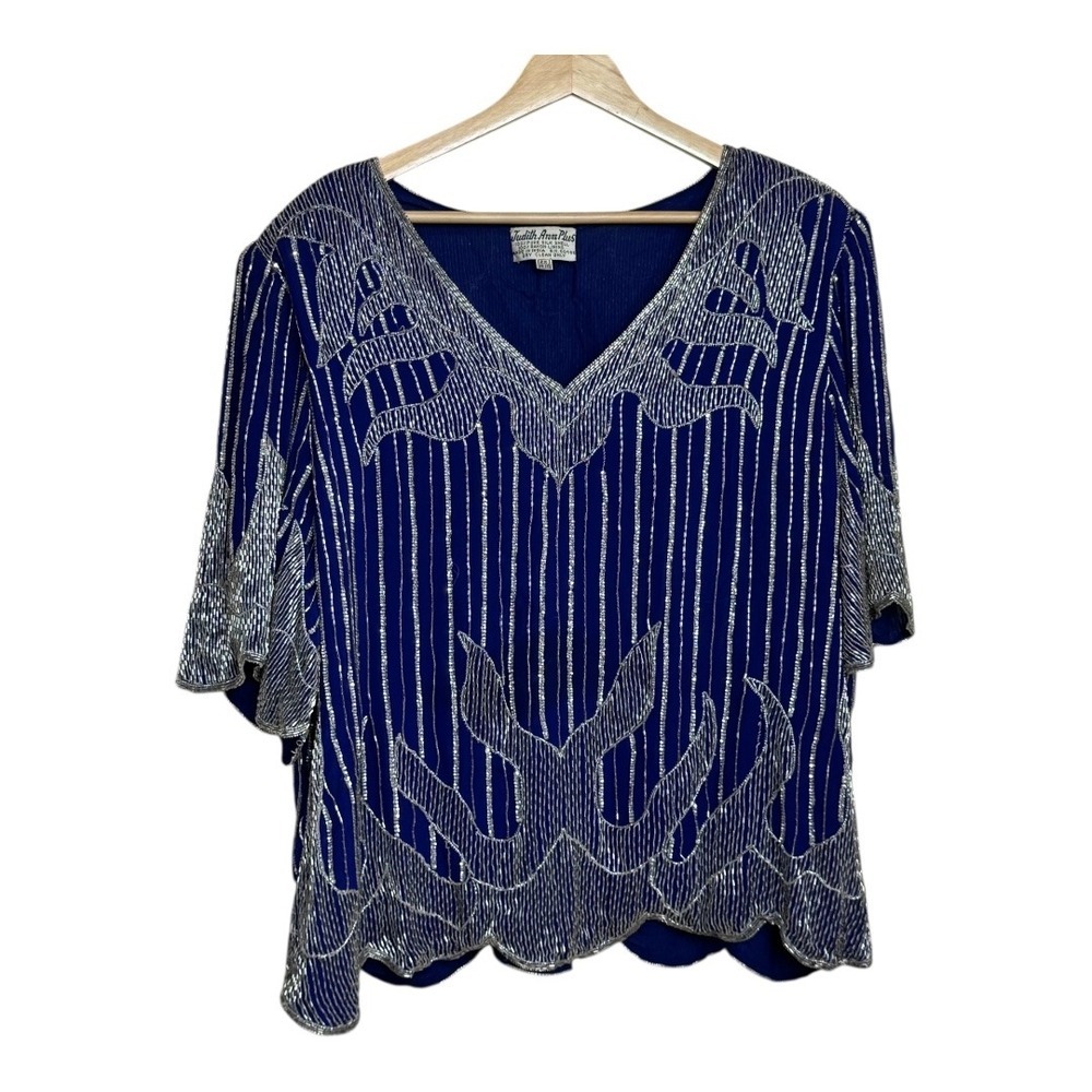 Judith Ann Plus Size 2X Blue‎ Beaded Sequined Embellished silk Party Top Blouse